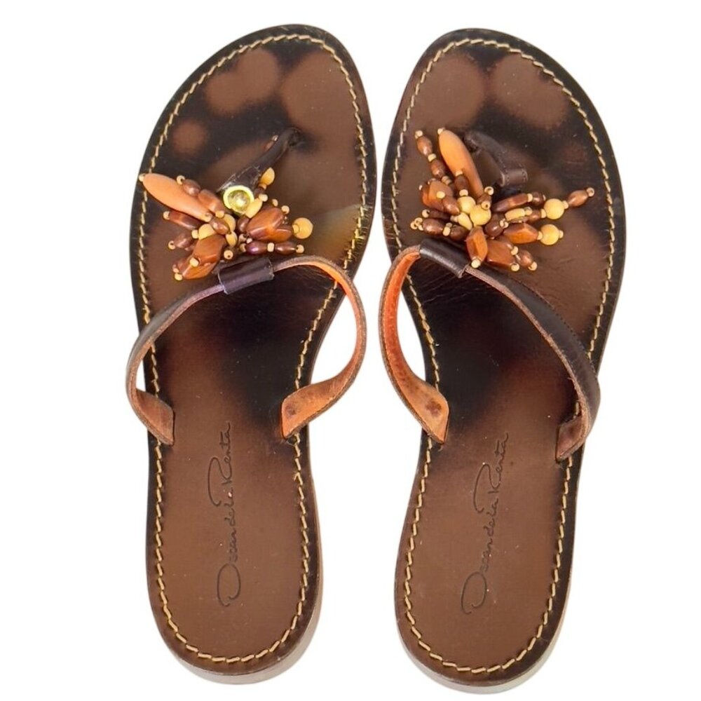 OSCAR De LaRENTA Women's Brown Leather Beaded Sandals Thongs Italy Size 39.5 - Picture 10 of 10
